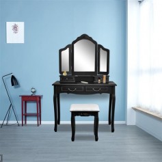 Tri-fold Mirror Dresser with Dressing Stool Black
