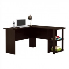 FCH L-Shaped Wood Right-angle Computer Desk with Two-layer Bookshelves Dark Brown